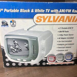 Sylvania SRT069 5in Analog Portable Black & White BW TV With AM/FM Radio